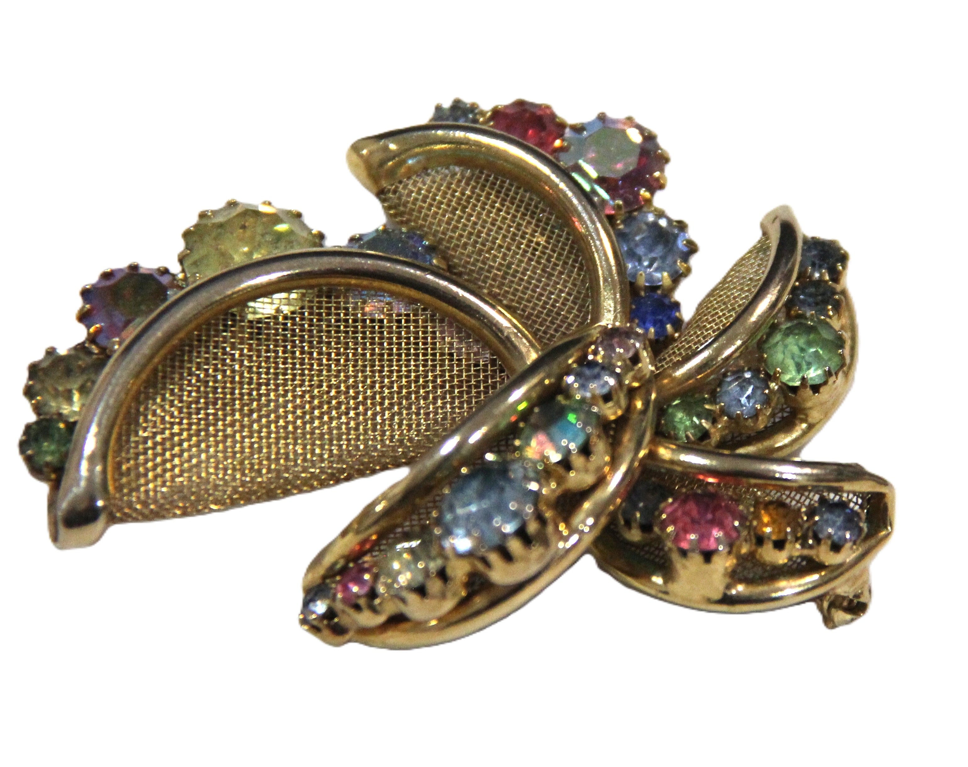 Vintage gold mesh and ab rhinestone brooch