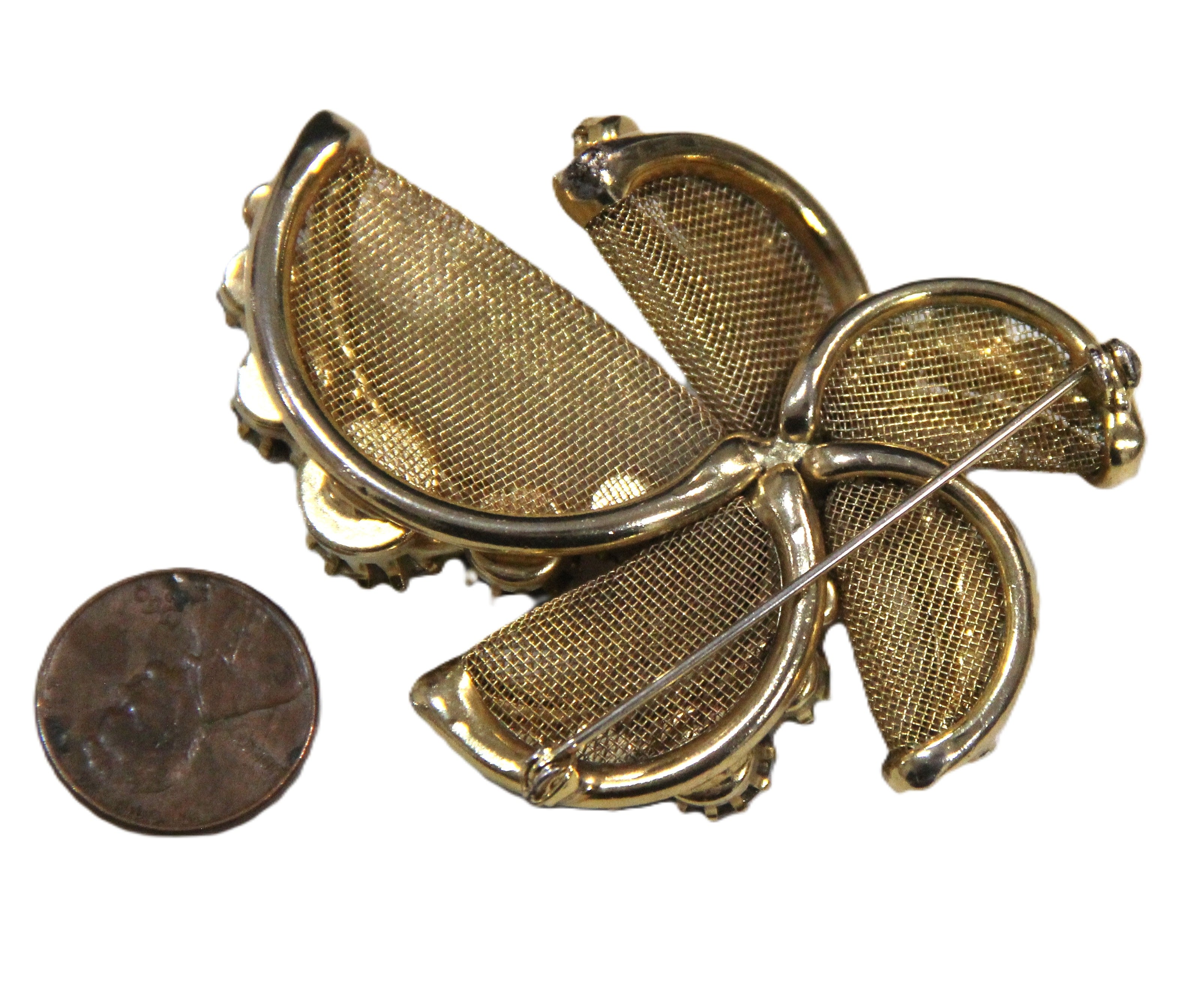 GORGEOUS VINTAGE GOLD MESH & AB RHINESTONE BROOCH